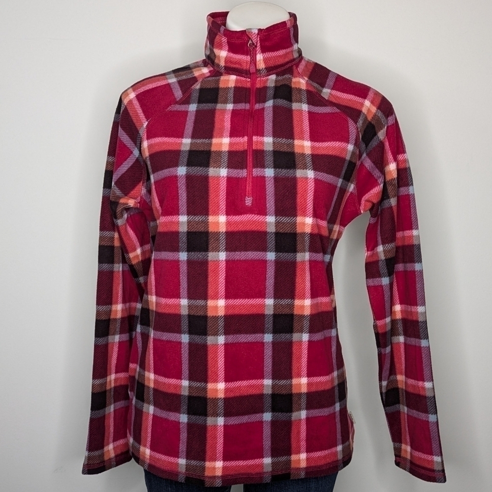 Eddie Bauer red orange plaid fleece 1/3 zip pullover M